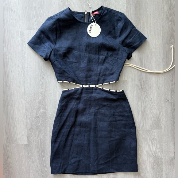 NWT! STAUD Navy Matteo Linen Short Sleeve Dress with Rope Detail - Picture 1 of 7